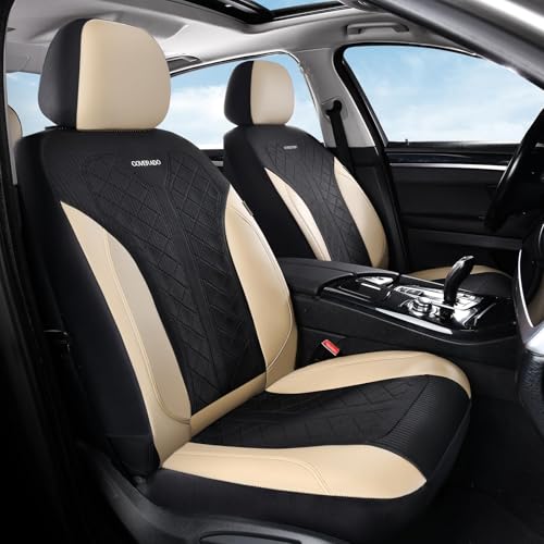 Image of Coverado Front Seat Covers, Beige Seat Covers 2 Seats, Leather Car Protectors 2-Pack, Auto Seat Covers Spill-Proof Design Universal Fit for SUV, Vans, Sedan, Truck