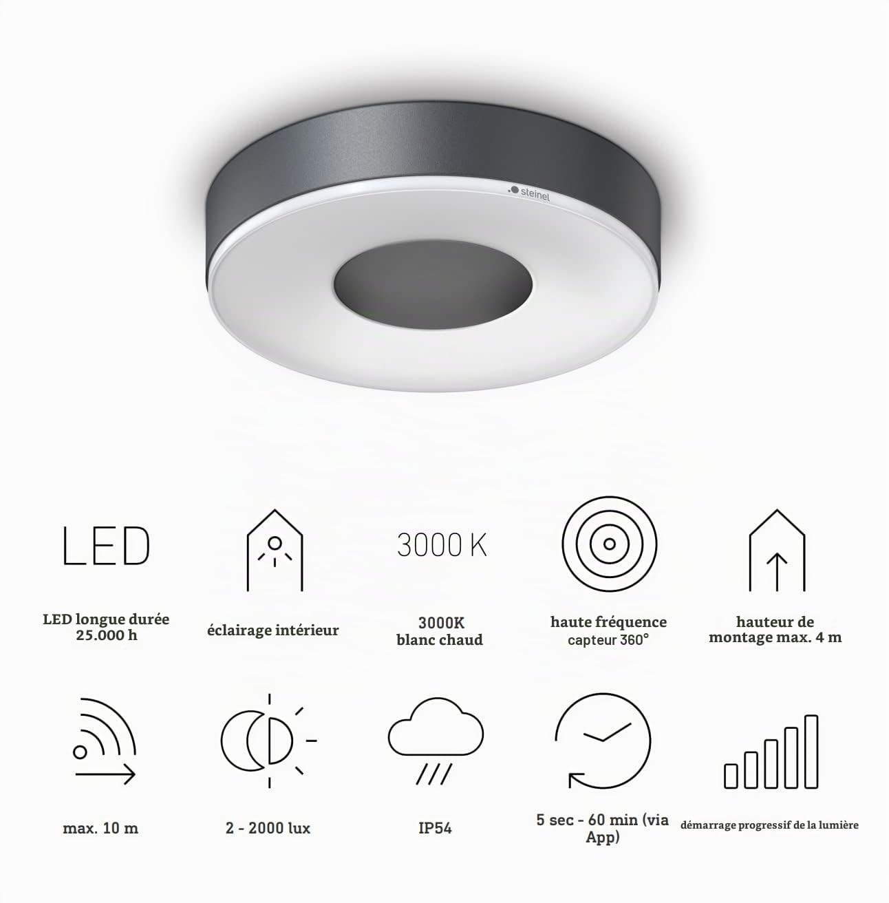 STEiNEL LED plafonnier RS 200 SC, détecteur de mouvement 360°, luminaire intérieur intelligent, peut être mis en réseau, commandé par application Bluetooth 078782 Anthracite