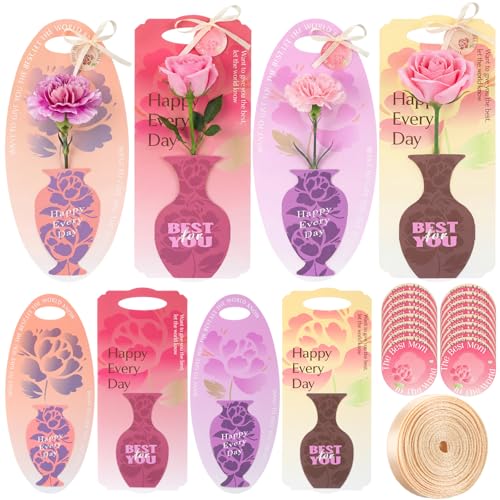 Gueevin 24 Set/48 Pack Mothers Day Flower Bouquet Gift Boxes Single Rose Carnation Floral Cards Sleeve Gift Packaging with Tags 4 Styles Flower Insert Card Holder for Mothers Day Floral Arrangements