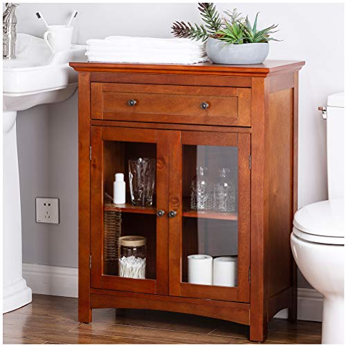 Glitzhome 32 Inch H Wooden Free Standing Floor Accent Display Glass Door Storage