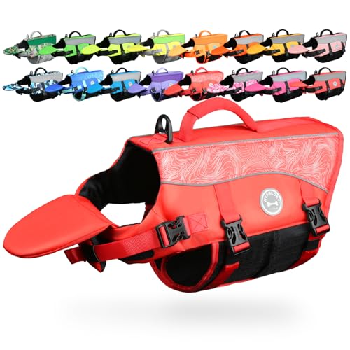 Image of VIVAGLORY Dog Life Vest Front Float Dog Swim Vest, XS, Red | Life Jacket with Chin Float & Handle for Swimming & Boating, High Visibility Adjustable for Doggy Cat Puppy