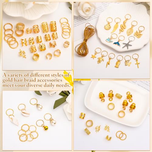 Qinzave Hair Jewelry for Braids Loc Jewelry for Hair Dreadlocks, Aluminum Gold Silver Hair Accessories for Braids, Hair Decoration with Cuffs Charms with Pendants - Image 8