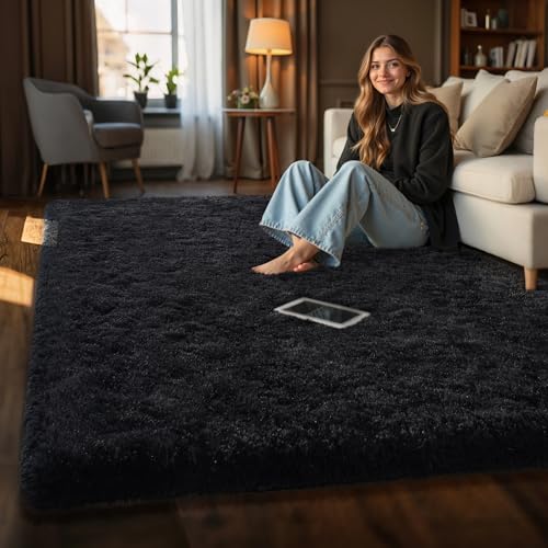 HOMORE Rugs for Living Room 6x9 Black Fluffy Area Rug Modern Shag Rugs for Bedroom, Super Soft and Comfy Carpet, Cute Carpets for Kids Nursery Boys Girls Room Decor