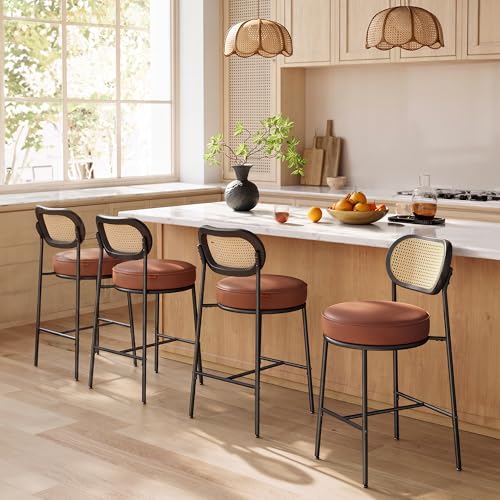 Image of VASAGLE Bar Stools Set of 4, Counter Height Bar Stool with PE Rattan Back, Synthetic Leather Upholstered Stools for Kitchen Island Dining Room, 25.1-Inch Bar Chairs, Caramel Brown ULBC087K01-2J