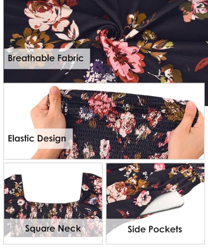 Image of RITERA Plus Size Dresses for Curvy Women Square Neck Short Sleeve Summer Floral Smocked Maxi Dress with Pocket XL-5XL