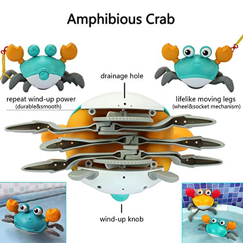 COUOMOXA Bath Toys for Toddler 1-3 Years Amphibious Cute Wind Up Swimming Crab Bath Toys for Toddlers,Babies,Kids - 2 in 1 Baby Bathtub Pool Toys- Push and Pull Toy,Walking-a-Long Toys - Thumbnail 2