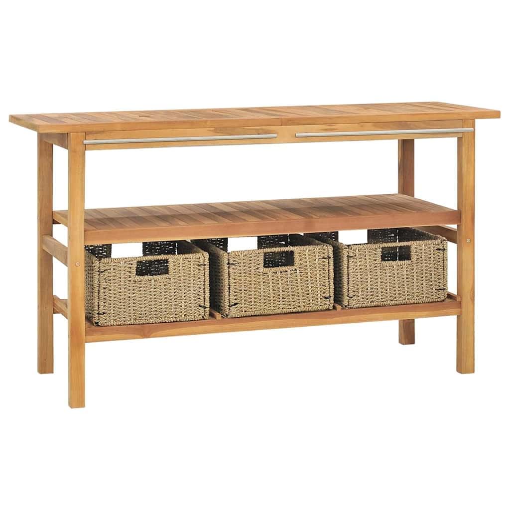 Lavabo con lavabo in marmo crema, in legno massello di teak, con 2 lavandini, 3 cestini, corrimano, ripiano e gambe di supporto, per bagno e WC degli ospiti