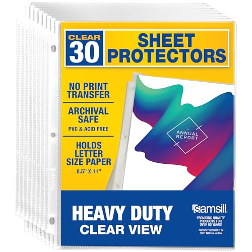 Image of Samsill 30 Pack Heavy Duty Sheet Protectors, Crystal Clear, 8.5x11 Inch Page Protectors for 3 Ring Binder, Letter Size Protectors with Reinforced Holes, Clear Document Sleeve, Top Loading, Acid Free