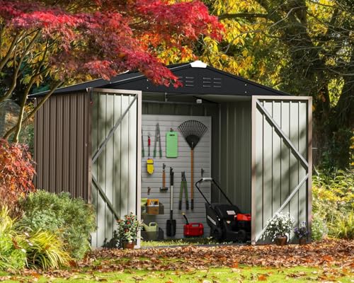 Image of Greesum 8x6FT Outdoor Storage Shed, Utility Tool Shed with Sloping Roof, Metal Storaged Garden Shed with Door & Lock for Patio Storage, Brown