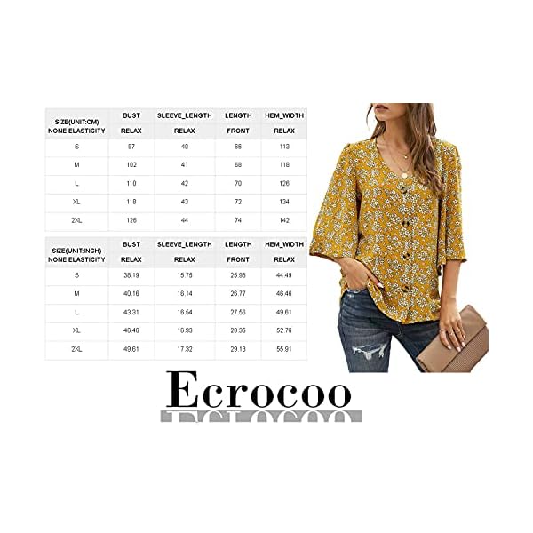 Ecrocoo Summer Tops for Women Ladies Juniors Teen Girls Fashion Casual Stylish V Neck Bell Sleeve Boho Flower Pattern Button Down Tops Loose Fitting Flowy Flutter Blouses Shirts for Vacation,Yellow L