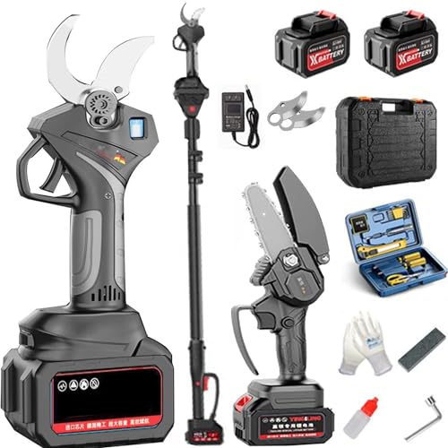 UdaCa Tijeras de podar eléctricas con 2 baterías Recargables y Poste de extensión de Alcance, Tijeras de podar telescópicas de Mango Largo para jardinería, diámetro de Corte de 50 mm