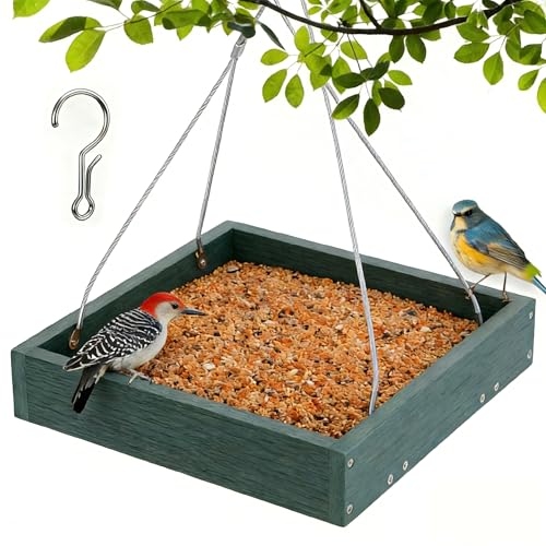 Gtongoko WPC Composite Platform Bird Feeder Hanging, Large 3.5 lbs Capacity, Durable, Seed Tray Bird Feeder for Outdoors with Metal Mesh Bottom Weather-Resistant for Garden Yard, Green