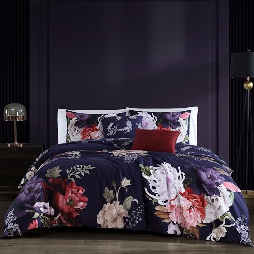 Bebejan Deep Purple Garden 5 Piece Comforter Set, 100% Cotton Sateen, 200 Thread Count, Floral Reversible Bedding Comforter Set, 1 Comforter, 2 Shams & 2 Pillows (King/Cal King)