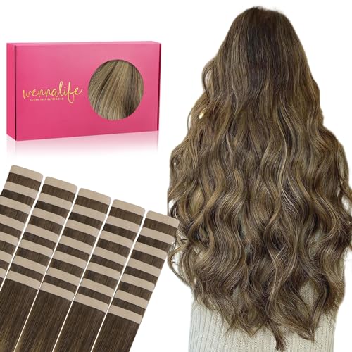 Image of Wennalife Tape in Hair Extensions Human Hair, 40pcs 60g 10 inch Balayage Chocolate Brown to Caramel Blonde Hair Extensions Real Human Hair Straight Tape in Extensions Reusable Real Hair Extensions
