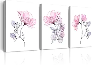 DZRWUBHS Frame Canvas Wall Art For Bedroom Wall Decor For Living Room Kitchen Wall Decoration Pink Flowers Wall Paintings Office Wall Pictures Print Artwork Room Mural Home Decor 16x24 3 Pieces