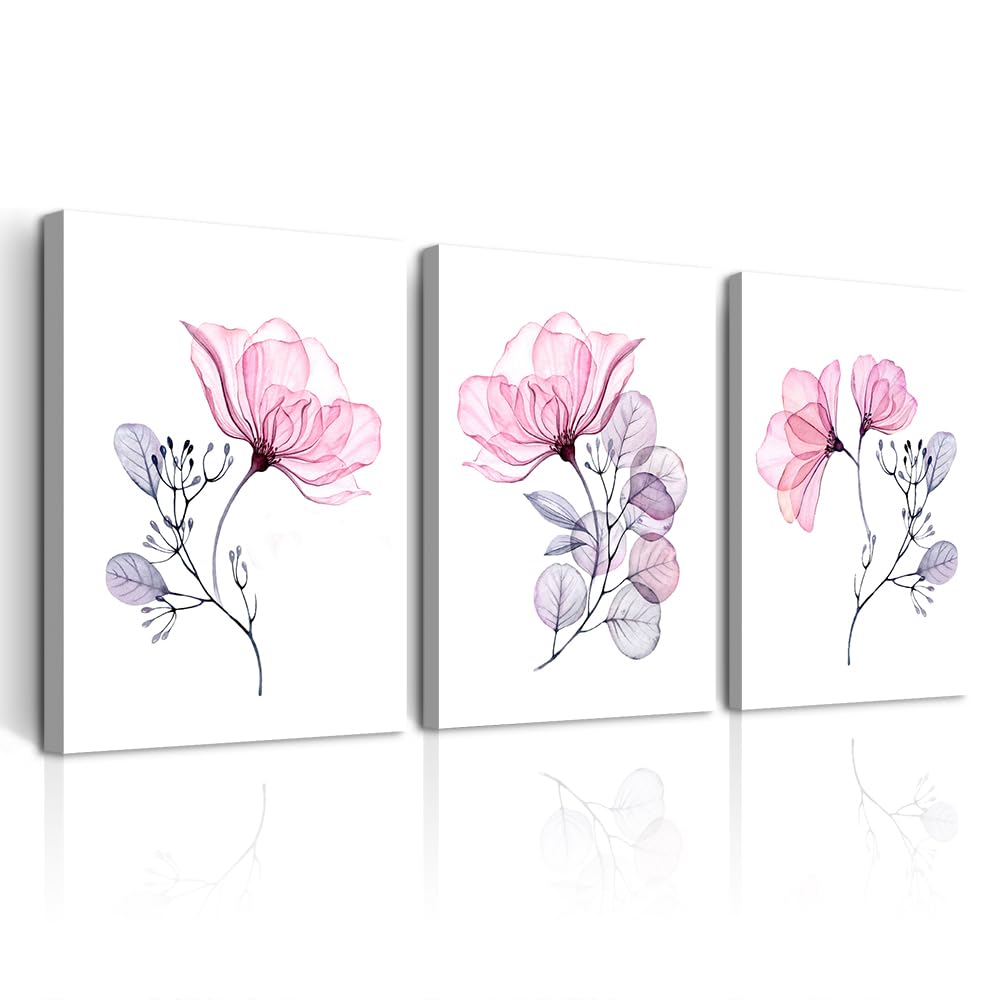 DZRWUBHS Canvas Wall Art - Pink Flowers, 3 Pieces, 12x16 Inch, For Bedroom, Living Room, Kitchen, Office, Bathroom, Home Decor