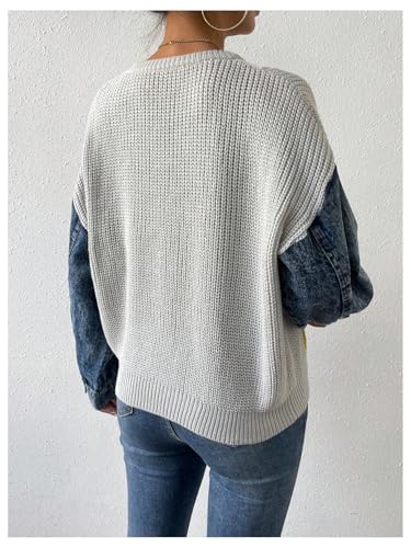 MakeMeChic Women's Patchwork Crew Neck Sweater Asymmetrical Long Sleeve Drop Shoulder Knit Pullover Top2