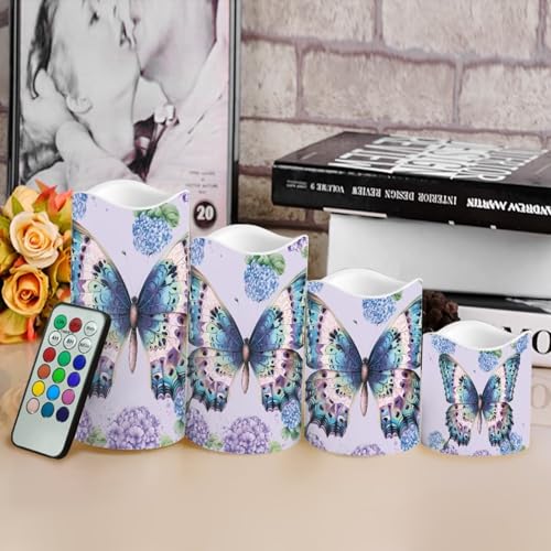Image of Butterfly Hydrangea Plastic Flameless Candles with Remote Control and Timer LED Flickering Battery Operated Color Changing Electric Pillar Candles Decoration