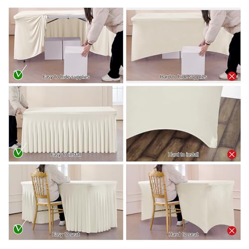 Image of Outpain 6ft Spandex Table Cloth for Standard Folding Tables-4Pack Ivory Table Cloth Table Protector for Party, Wedding, Cocktail, Banquet, Festival