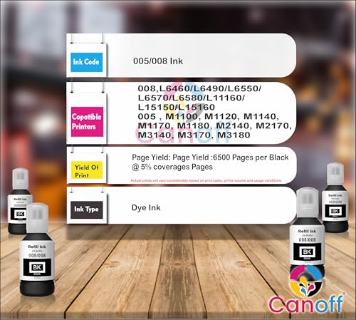 Image of CANOFF 127ml Black Refill Ink Bottle Compatible with 005 /008 Ink Tank M1100, M1120, M1140, M1170 L6460 /L6490 /L6550 /L6570 Printers | High Yield, Smudge-Free Printing (005 /008 Ink Black 4pc. x 127ml)
