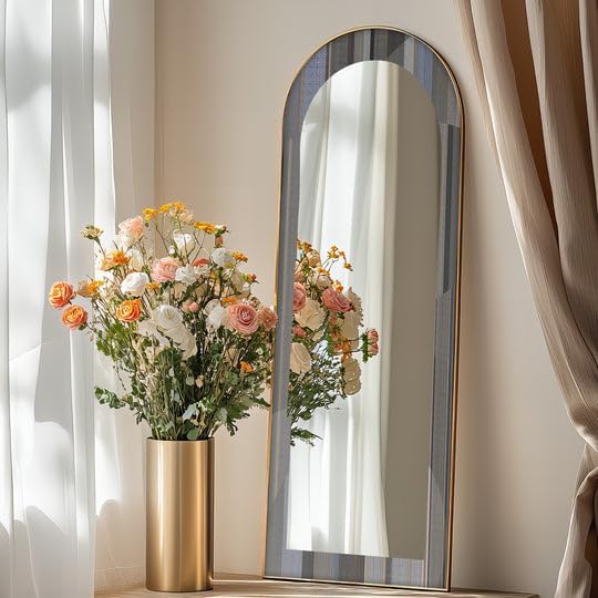 23,5’’W x 67’’H Minimalist Patterned Grey - Abstract Floor Mirror Arched Full Lenght Mirror - Arch Full Body Stained Floor Mirror with Black Frame with Gold Frame