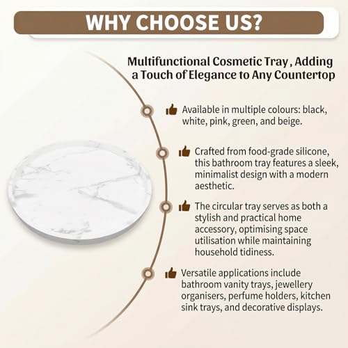 Round Tray Silicone, 10.6 Inch Bathroom Tray Countertop Decor, Vanity Trays for Bathroom Organizers, Waterproof Bathroom Tray for Counter, Decorative Coffee Table Tray-Marble White by BLESWIN - Used condition - Image 7