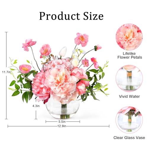 AMORISE Peonies Artificial Flowers in Vase, Pink Artificial Flowers with Faux Water, Silk Peonies Flowers Arrangements Indoor Realistic Fake Flowers for Table, Wedding, Party, Home Decor — view 3