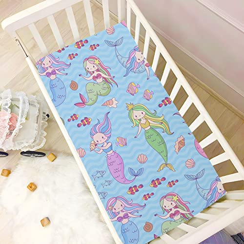 Image of Fitted Crib Sheets Blue Mermaid and Fish Stretchy Portable Playard Sheets for Baby Toddler, Breathable Soft Mini Crib Mattress 52 x 28 in for Boys and Girls