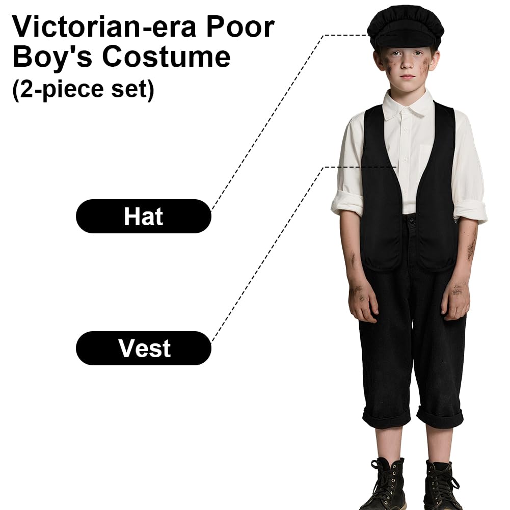 DiULi Victorian Pauper Costume for Kids Black 2-Piece Vest and Hat Set, Chimney Sweep Halloween Fancy Dress - Image 4