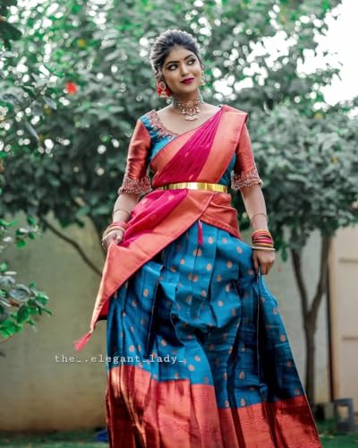 Image of ZITON Women's Indian Traditional Kanjivaram Silk Pure Weaving Lehenga Choli Along With Dupatta And Blouse Piece, Half Saree (Unstitched)