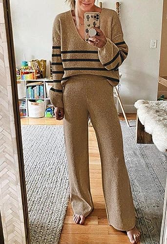 Image of Viottiset Women's 2 Piece Outfits Casual V Neck Knit Wide Leg Sweater Lounge Set Sweatsuit