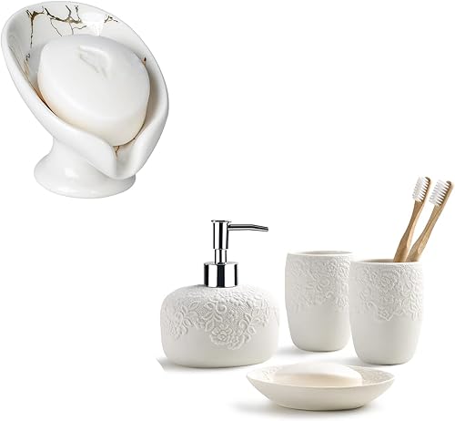 Juego de jabonera en forma de hoja y accesorios de baño con diseño en relieve, 4 piezas, cerámica, decoración de baño, fácil de limpiar, mantiene el