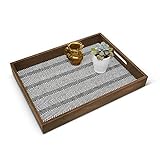 Jitsu Goods Fabric Lined Wooden Decorative Ottoman Tray | Kitchen Breakfast Serving with Cutout Wood Handles | Black & White Boho Pattern | Coffee Table Home Decor | Rustic Decorative Farmhouse Design