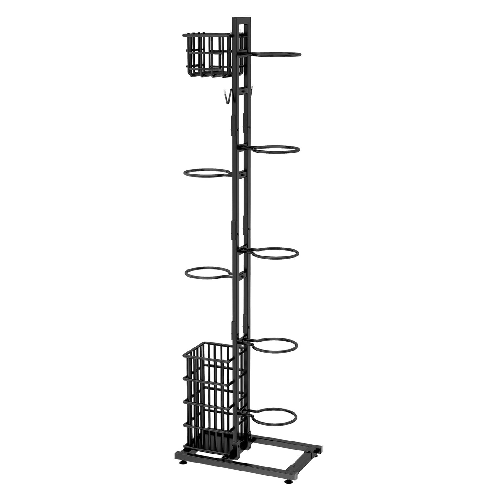 Soporte de bolas para rodamientos verticales rack baloncesto almacenamiento multicapa con cesta y ganchos