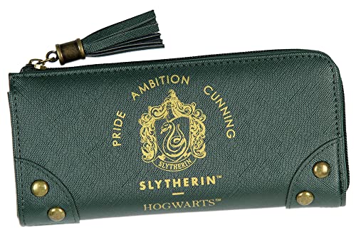 Bioworld Carteira Harry Potter Designer Hogwarts Sonserina Casa de Hogwarts com Zíper, Carteira de Couro Sintético para Mulheres