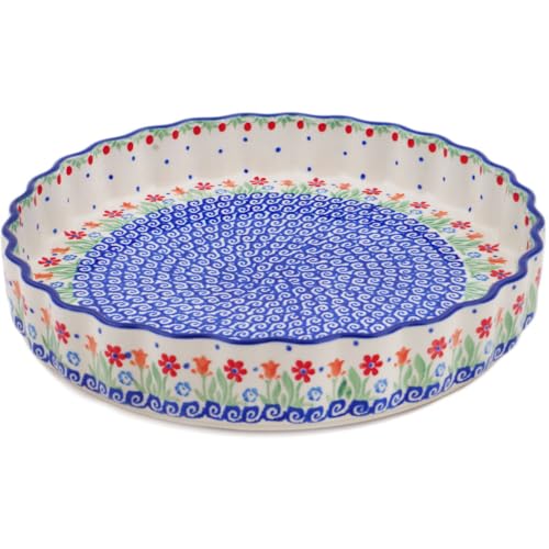 Authentic Polish Pottery Fluted Pie Dish in Babcia's Garden Design Handmade in Boles?awiec Poland by Ceramika Artystyczna + Certificate of Authenticity