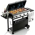 4 Burner Portable Propane Gas Griddle, 32,000 BTU Stainless Steel & Iron Patios Barbecue Propane Gas Griddle with Removable Cart and Side Storage Flat Top Grill with Hood for BBQ Camping, Backyard