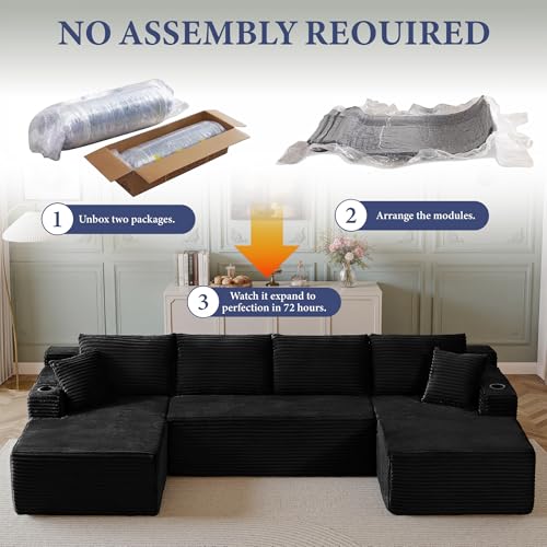 Image of 96 inch Sectional Couches for Living Room Cloud Couch Sofa with L-Shape Upholstered Boneless Couchs Modern Modular Sectional Couch with Chaise (Black, 133 inch W+U Facing Chaise)