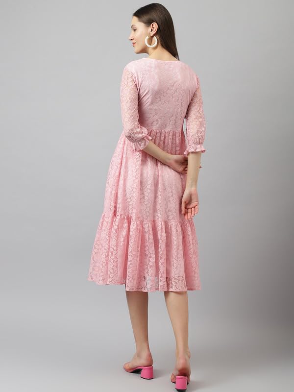 Image of Cicica Women's Baby Pink Russle Net Floral Tiered Western Dress | Dress for Women | A line Dress | Winter Dress | Western Dress | Women Dress | Trendy Dress | Midi Dress