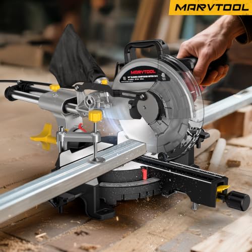 Image of 10-inch Sliding Compound Miter Saw, 5000RPM, 15 Amp, Single Bevel 0-45 with Extension Table, 36T Blade, Power Saw for Metal, Plastic, Wood, Laminates