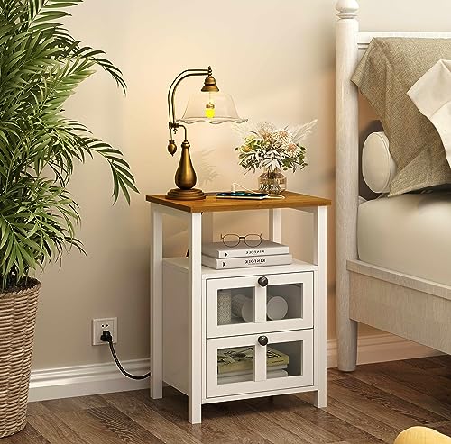 YAUKOMEL Farmhouse Nightstand with Charging Station,Coastal Style End Table with Glass Drawers,Wood Bedside Table for Bedroom, Living Room Rustic Walnut and White CTG61CWE