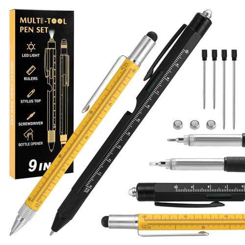 Western Gadget® Bolígrafo multiherramienta 9 en 1 para hombre, dispositivo de aleación de aluminio con bolígrafo, destornilladores, lápiz, regla, linterna LED, nivel, sacacorchos y soporte para