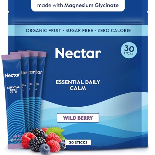 Nectar Calm Magnesium Glycinate Drink Mix - Sugar Free & Zero Calorie - with Organic Ashwagandha Vitamin D L-Theanine Hydrating Electrolytes - Relax Focus & Calm - Non-GMO (Berry 30 Sticks)