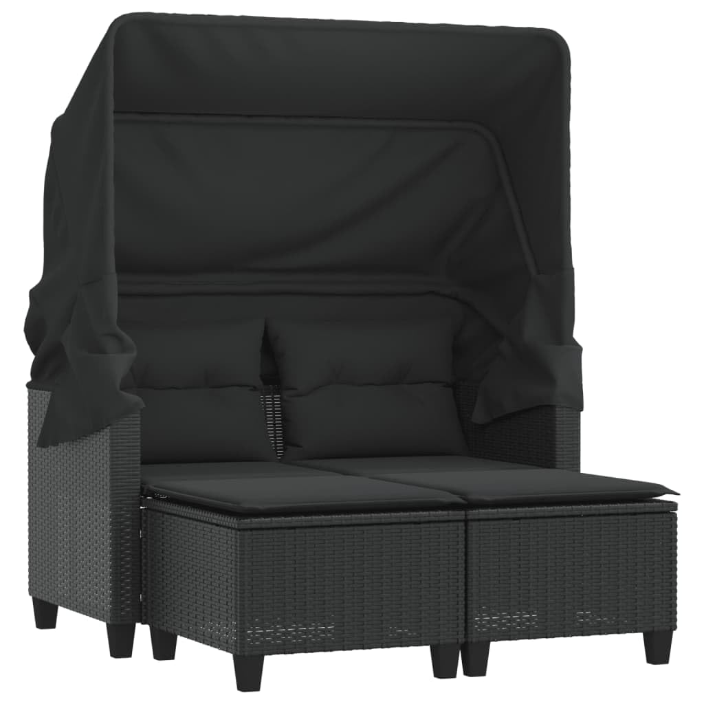 Willood Gartensofa 2-Sitzer mit Dach und Hockern Schwarz Poly Rattan Das Material ist langlebig, robust, pflegeleicht, leicht und einfach zu reinigen,Abnehmbar und waschbar