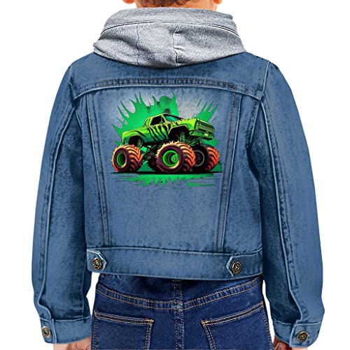 Colorful Truck Toddler Hooded Denim Jacket - Graphic Jean Jacket - Cartoon Denim Jacket for Kids