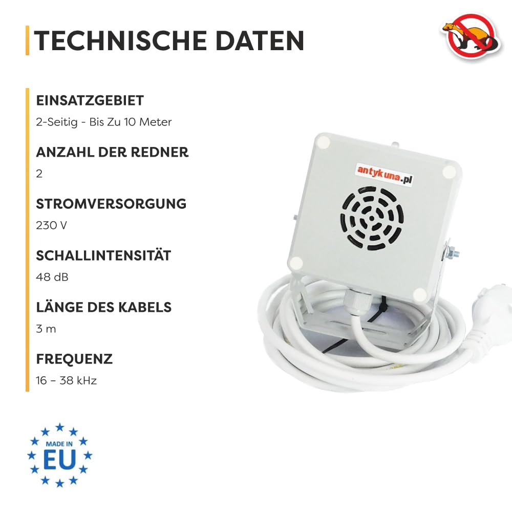 Hermetischer Ultraschall Mardervertreiber Light&Flash – 2 Lautsprecher | Leise 48 dB | Für Dachboden, Garage, Haus & Keller | 230V
