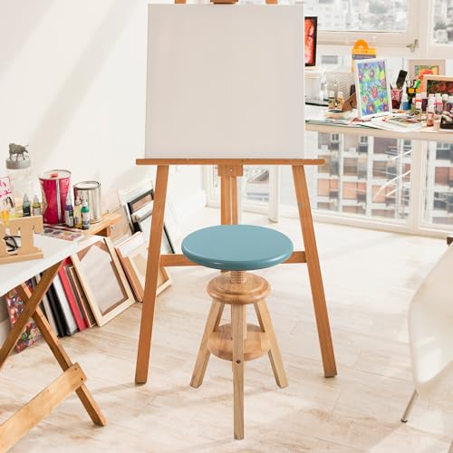 Butaco giratorio de madera maciza ajustable, base natural y asiento turquesa | Altura ajustable de 48 a 64 cm, caoba natural miniatura 2