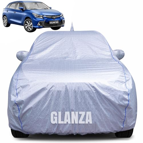 Image of 100% Waterproof Car Body Cover for Toyota Glanza New with Mirror Pocket, Heat & UV Resistant, Triple Stitched, Soft Lining, Bottom Elastic & Piping (Silver Reflective)