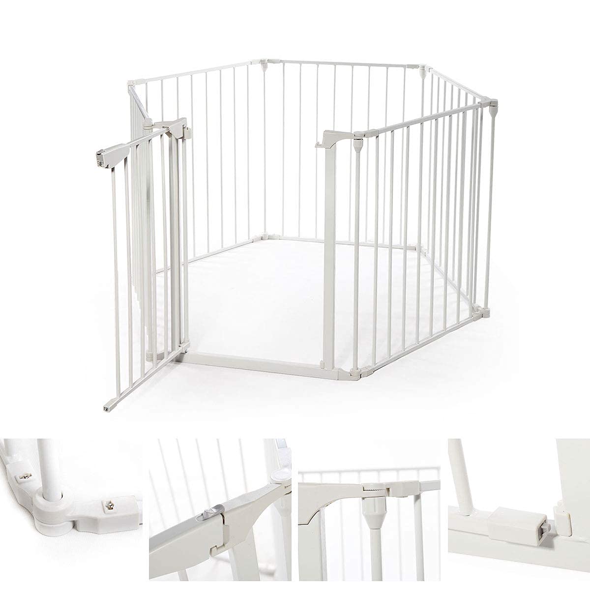 Sandinrayli Fireplace Baby Gate 4 in 1 Child Safety Fireplace Playpen 146 Inch 6 Panel Wide Barrier Pet Gate Guard Metal Fence (White)