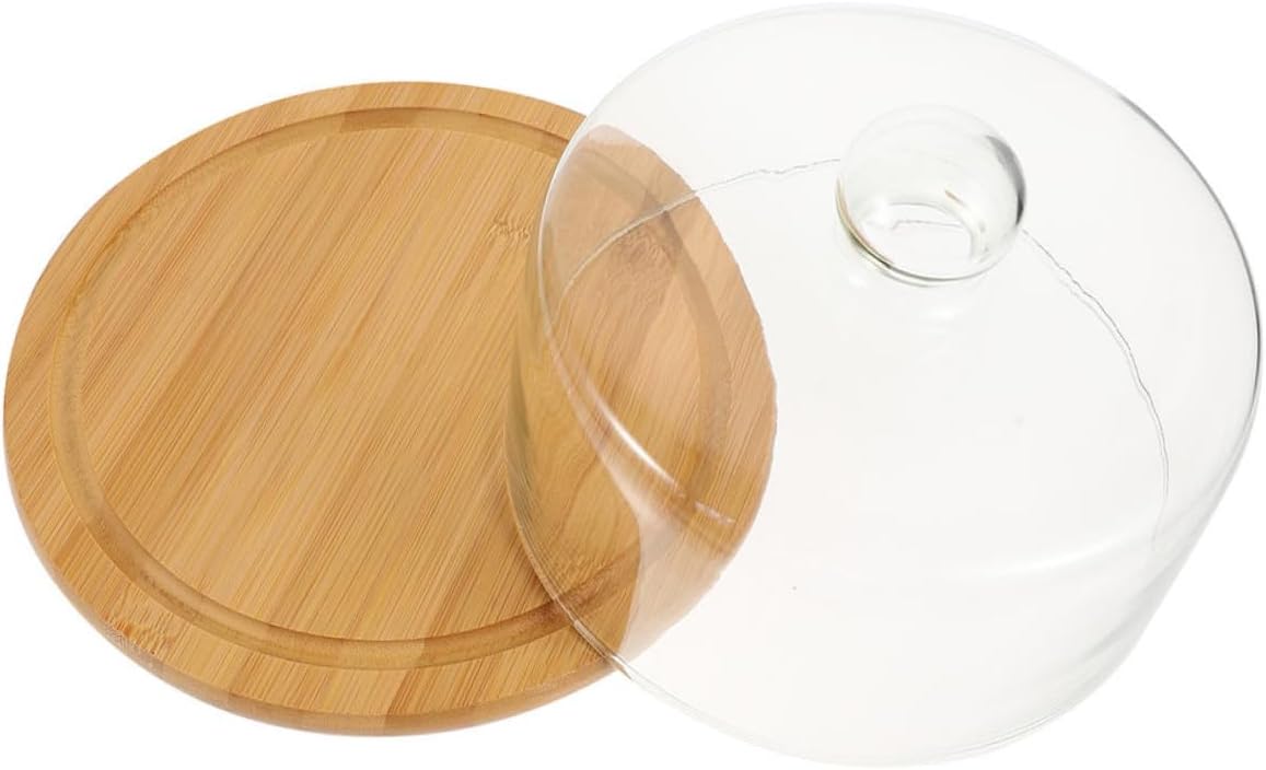 SUPVOX Cake Glass Cover with Wooden Tray Large Food Protecting Dome Dustproof Dessert Display Cover for Home Fresh-keeping and Serving